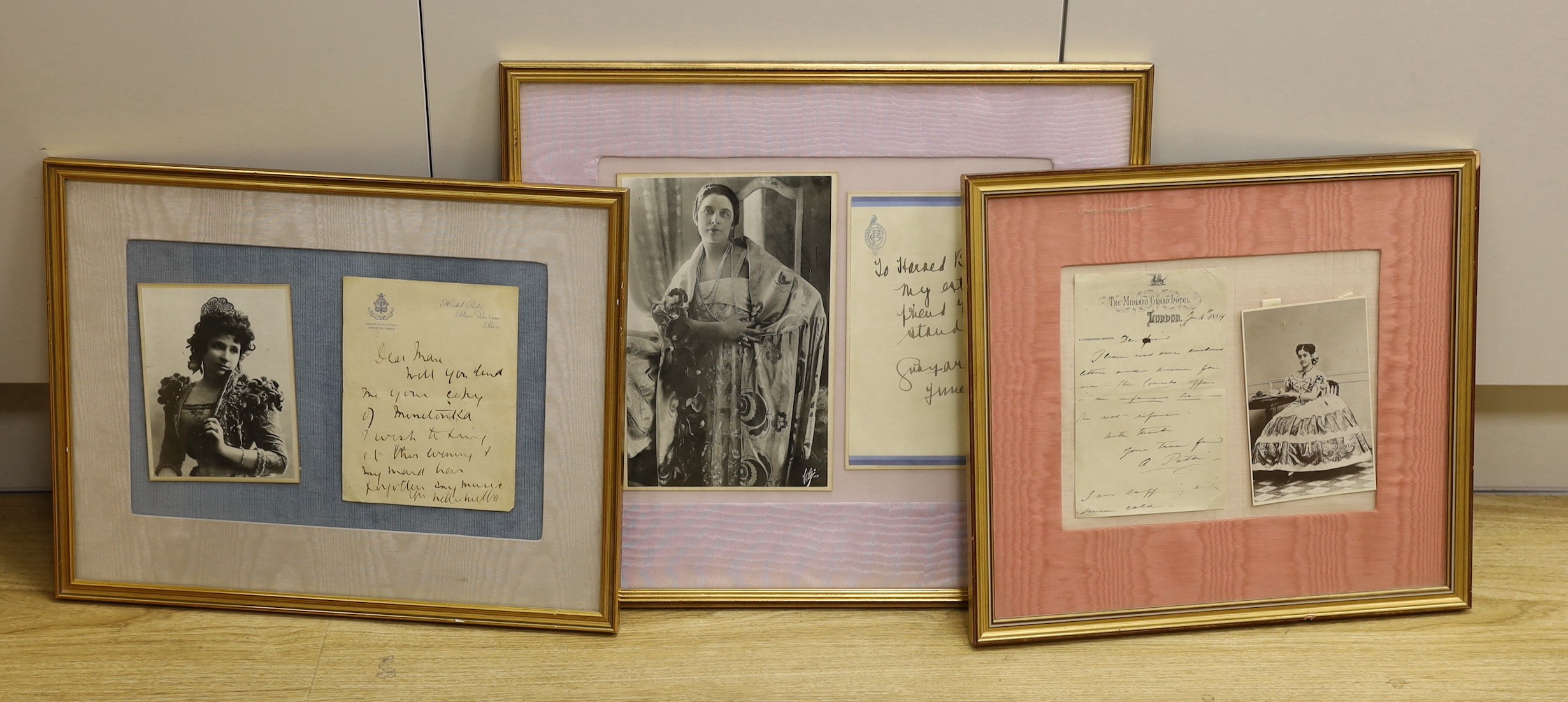 Opera interest - Three autograph letters and photographs of Adelin Patti, Nellie Melba and Geraldine Farrar, framed